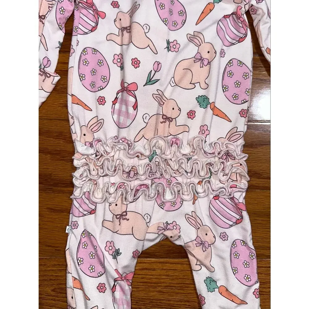 Caden Lane Hoppy Spring Easter Bunny Carrot Egg Ruffle Bamboo Zipper Footie 0-3M